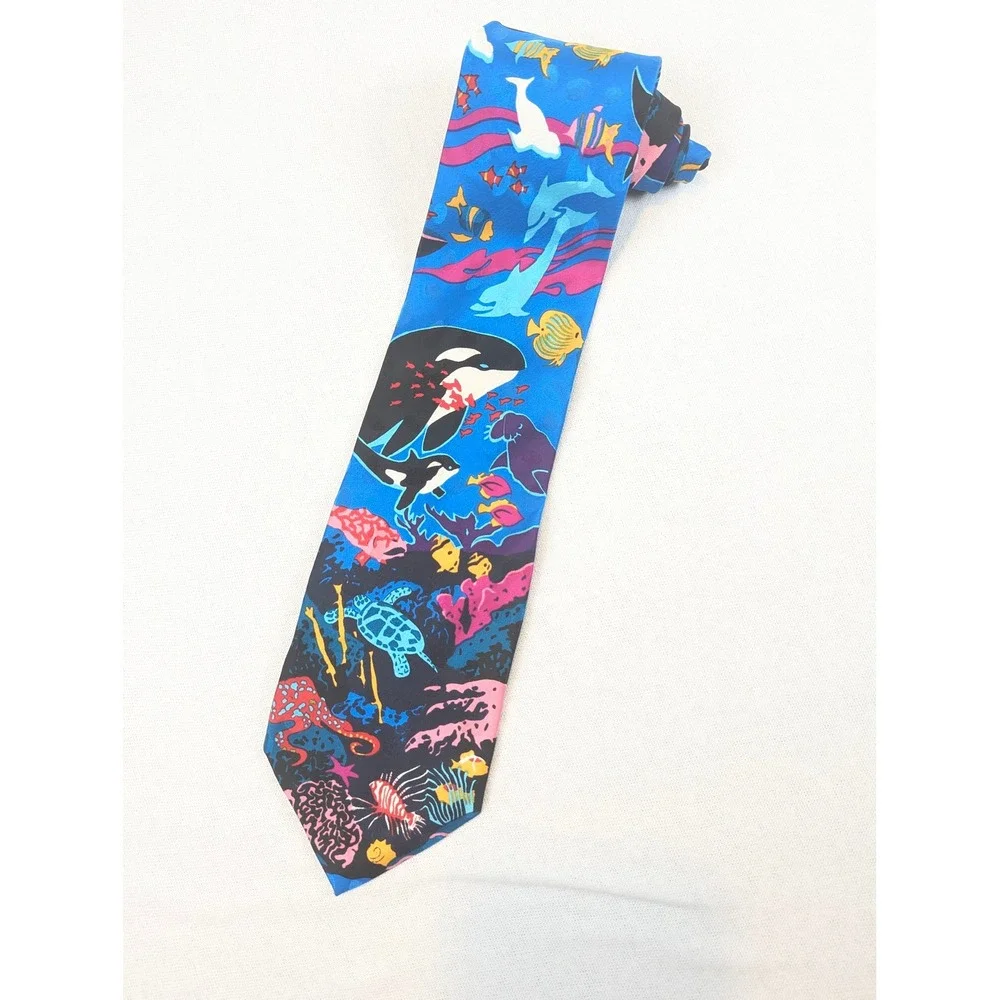 Mens Silk Tie Lot 3 Ocean Marine Life Whale Turtle Reef Addiction WWF Endangered